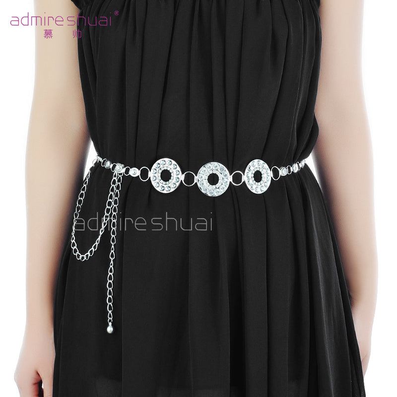 44" 3 Diamond Circle Metal Waist Chain Belts for Women Fashion Accessory