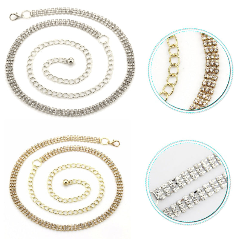 42" Long 3 Row Diamante Rhinestone Waist Chain Belts for Women Fashion Accessory - Silver, Gold