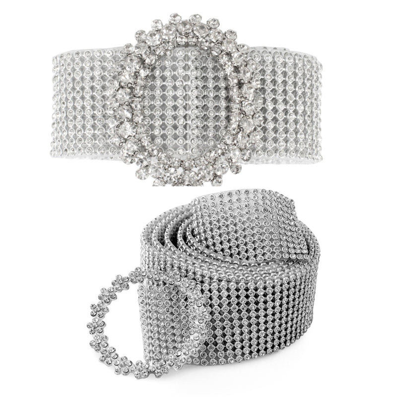 Women's Bling Belt 11 Row Clear Crystal Diamante Studded Silver Acrylic Flexible WaistBand, 35mm 