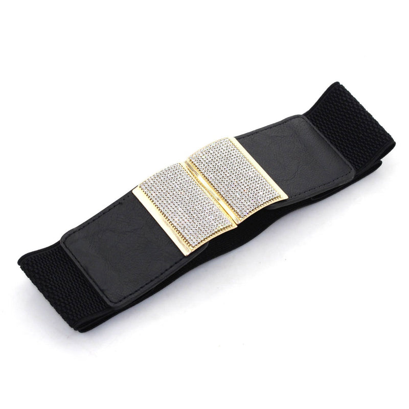 Black Elasticated Waist Belt with Diamante Buckle for Women's Fashion Accessory