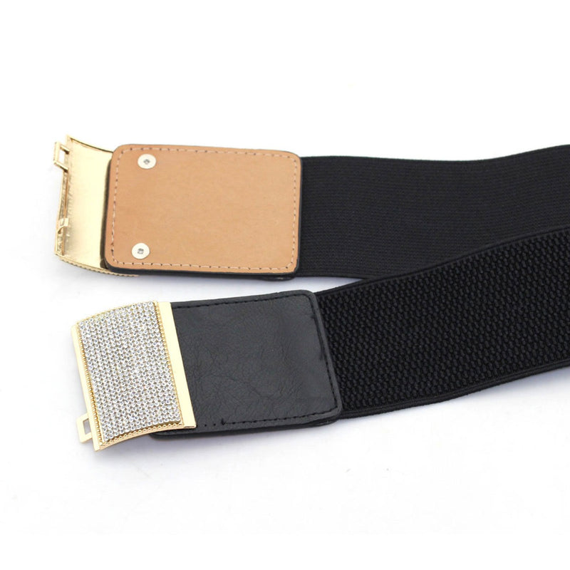 Black Elasticated Waist Belt with Diamante Buckle for Women's Fashion Accessory
