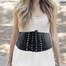 Women's Black PU Leather Corset Waist Belt with Black Lace for Fashion Accessory