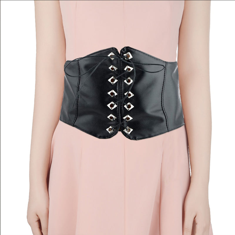 Women's Black PU Leather Corset Waist Belt with Black Lace for Fashion Accessory