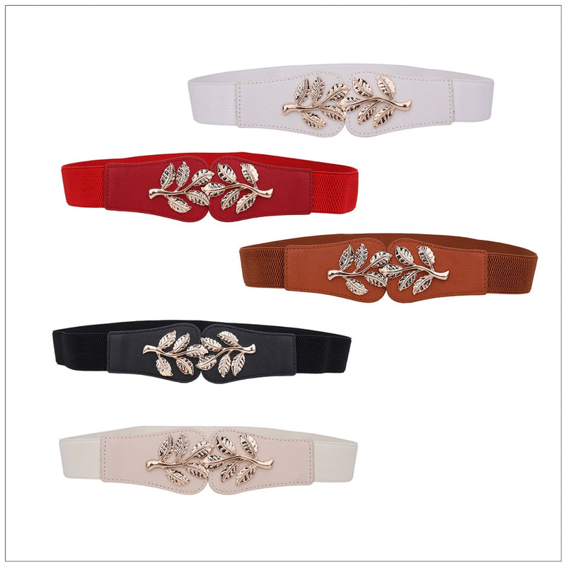 Women’s Stretchable 40mm Wide Waist Belt Tree Leaves Pattern PU Leather Elastic Waistband Clip-on Cinch Trimmer Fashion Accessory For Girls Dresses, Gowns, Western Outfits