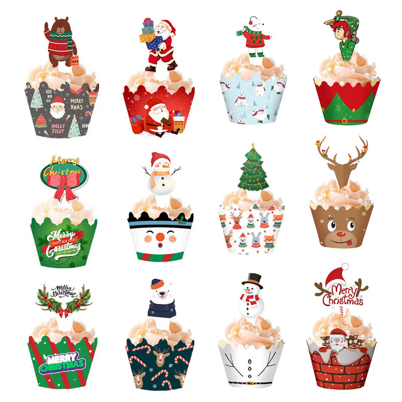 Christmas Cupcake Wrappers & Toppers Set - 48pcs