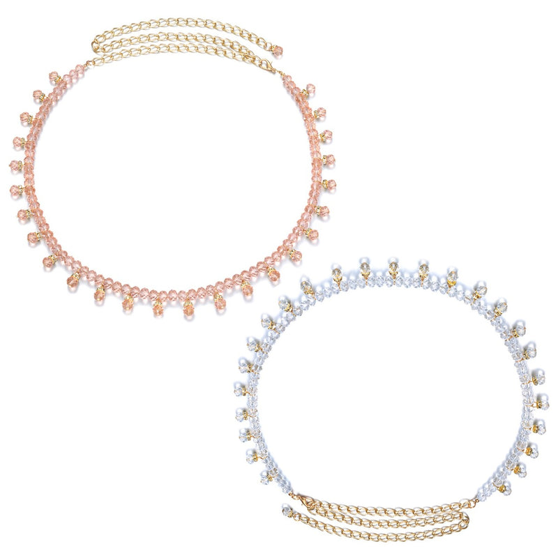 45" Round and Hanging Pearl Chain Waist Belt, Women Fashion Accessory - Baby Pink, Clear 